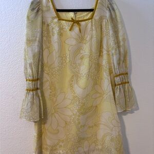 Vintage Retro Floral Yellow Dress with Velvet Ribbon Accents Size Tag Missing